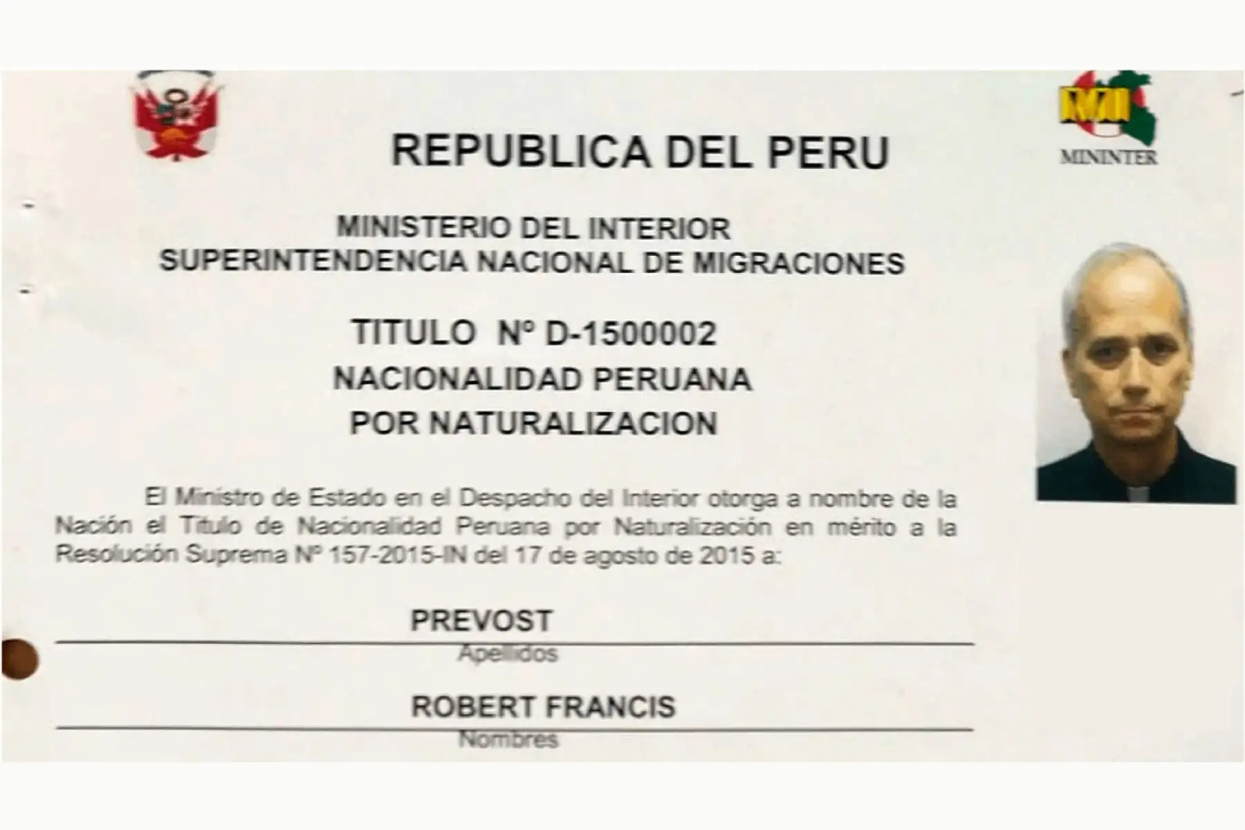 Documento nacional de identidad peruano de Robert Francis Prevost